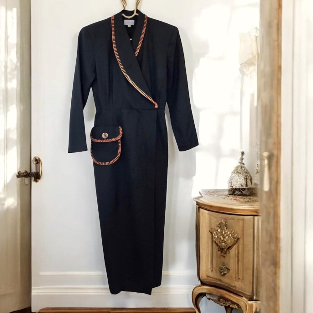 Vintage Black Wrap Maxi Dress 80s New Old Stock Elegant Glamour Witchy Sz 6 - Picture 1 of 12